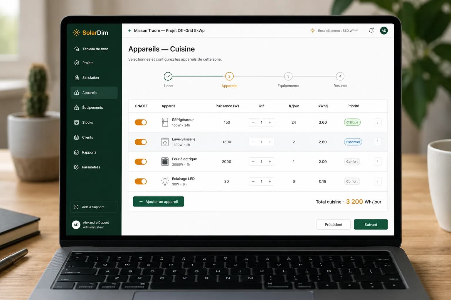 Écran des appareils et des charges SolarDim Pro